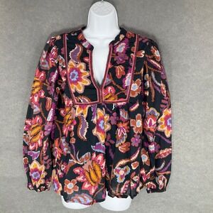 Molly Bracken Top Women Sz M Dark‎ Floral Print Bohemian Blouse Balloon Sleeve